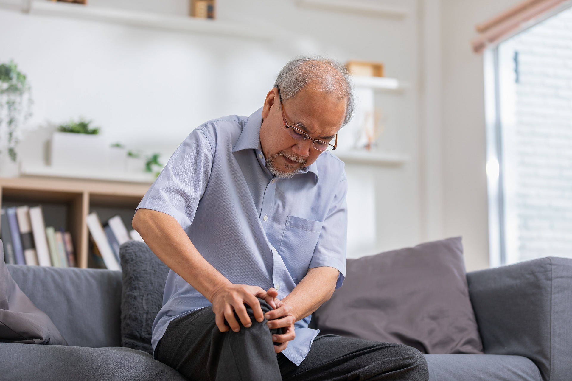 Asian old man with his knee joint pain in sofa, pain in the elderly, health care, elderly care. Elderly man having a knee pain and sitting down. Grandfather with knee pain.
