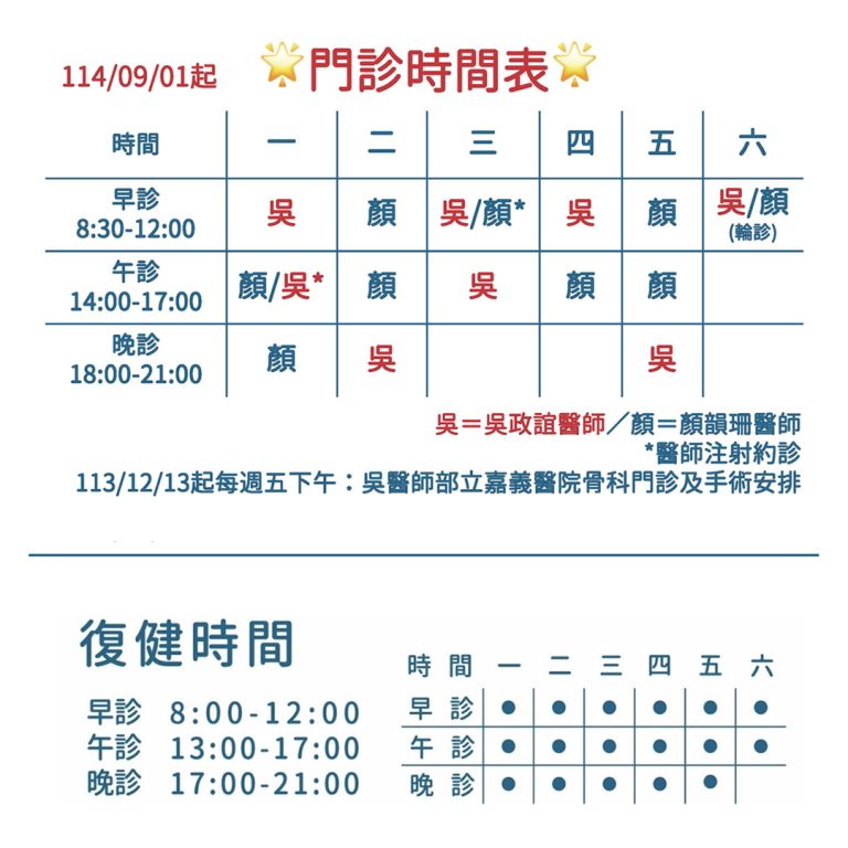 09/01(一)起，醫師門診時段調整如下： 週三上午：增設顏醫師注射約診 週四上午：改為吳醫師門診 週四下午：改為顏醫師門診