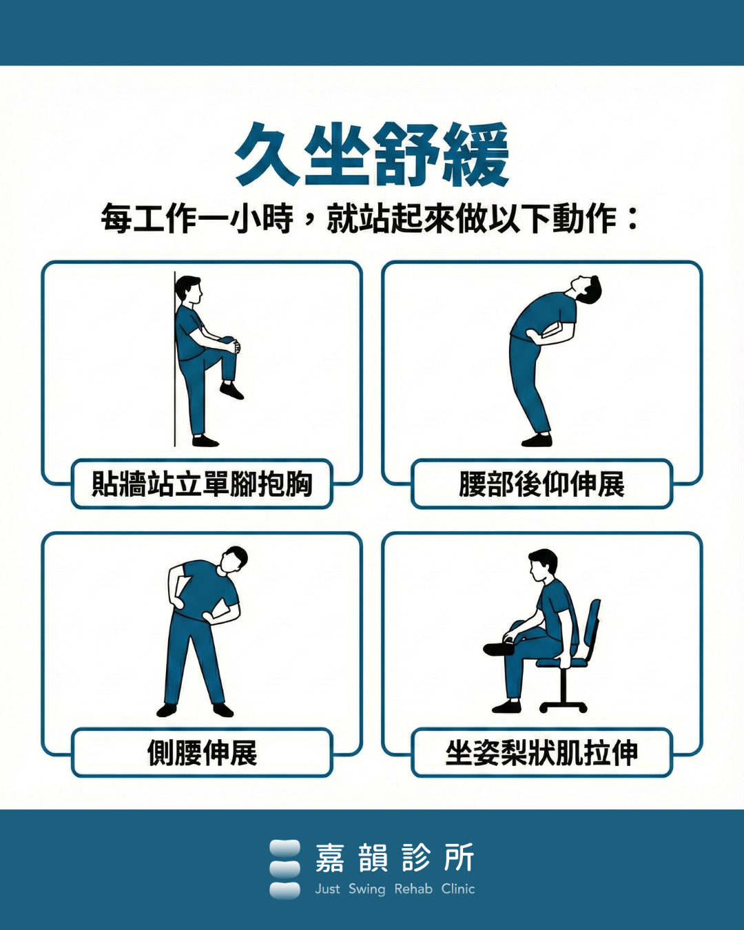 嘉韻久坐舒緩四動作圖解:貼牆屈膝抱胸、腰部後仰、側腰伸展、坐姿梨狀肌拉伸