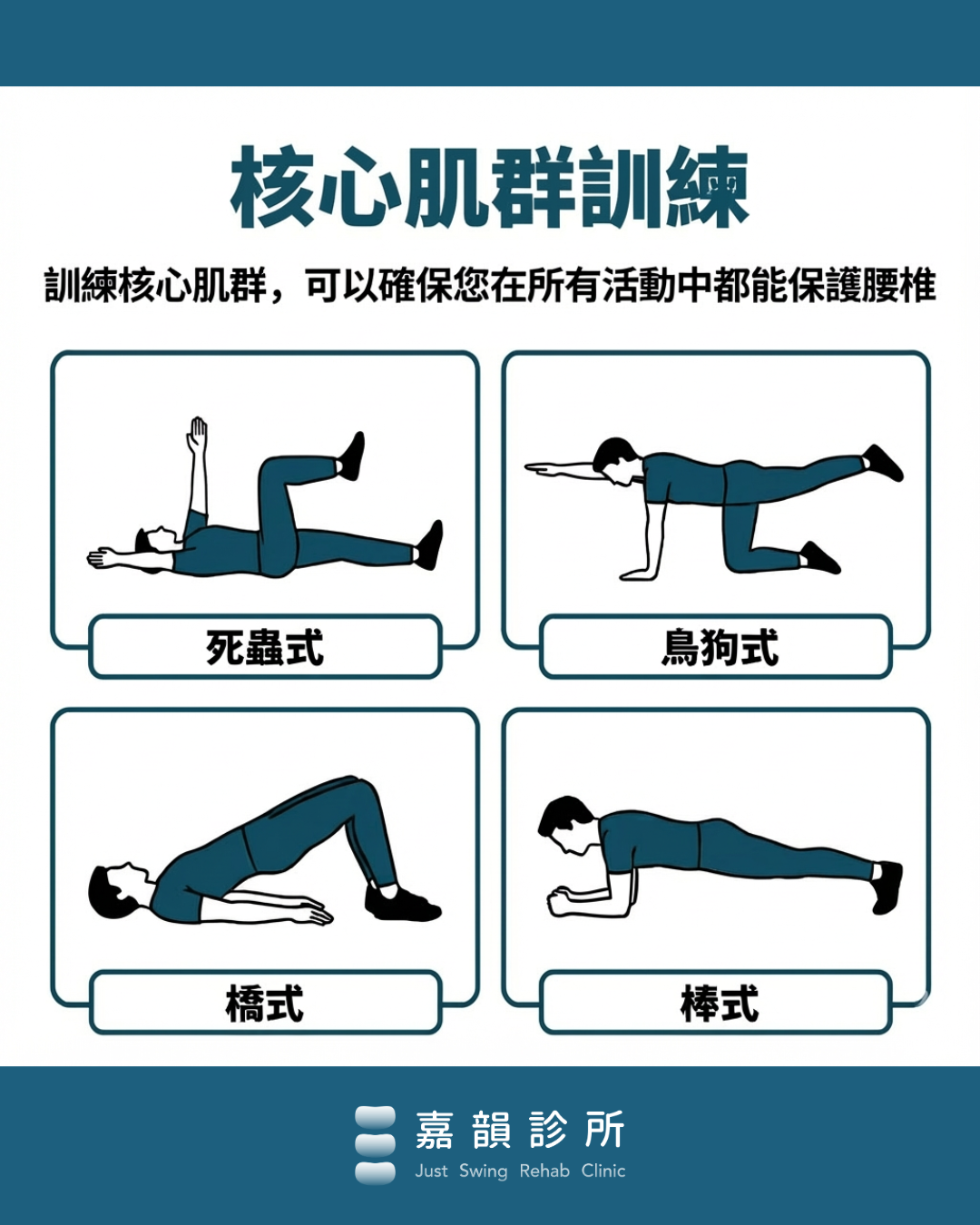 嘉韻核心肌群訓練圖解:死蟲式、鳥狗式、橋式、棒式
