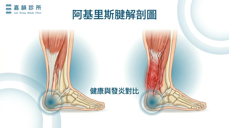 阿基里斯腱解剖圖,左右對比:左為健康的肌腱,纖維排列整齊;右為發炎的肌腱,呈現紅腫與增厚。
