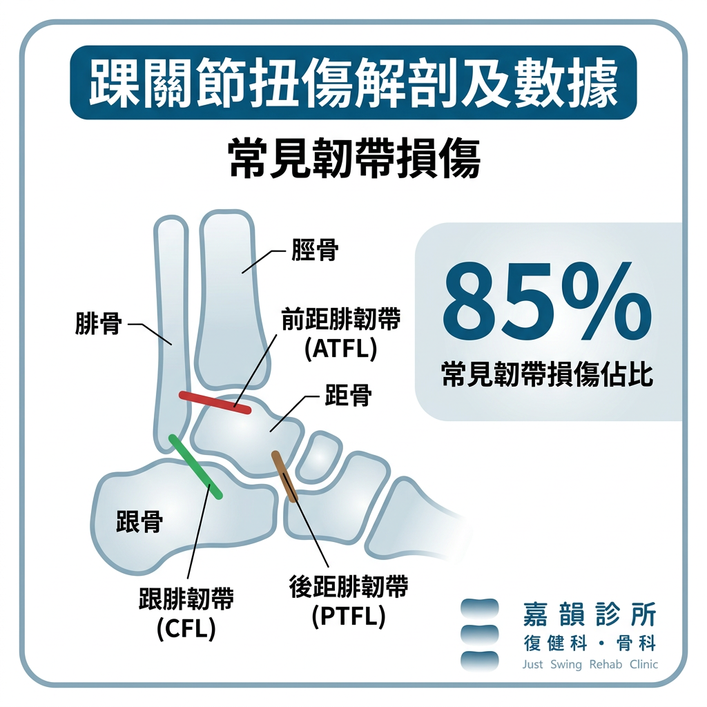 踝關節解剖示意:外側韌帶 ATFL、CFL、PTFL 三條韌帶結構