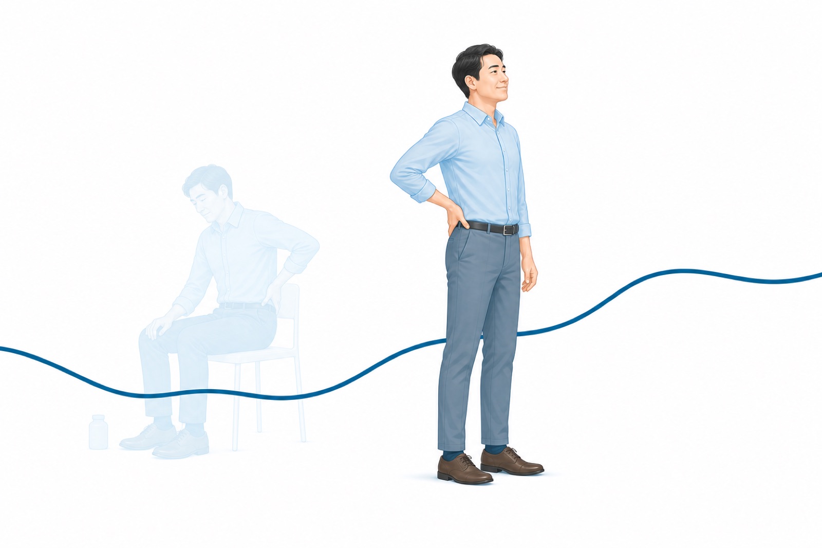插畫:一位中年男性放鬆站立、一手輕扶腰側、平靜望向前方,左後方有一個非常淡的同一人坐著撐腰的身影與極簡的藥罐輪廓,一條深藍色的節奏線從左側低處通過淡身影後平順抬升、平穩離開畫面。