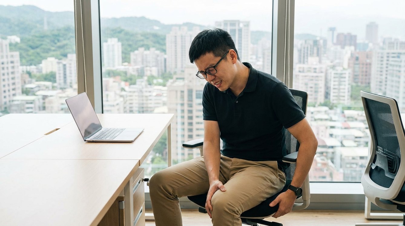 上班族坐在辦公椅上,一手按著膝蓋、表情吃痛