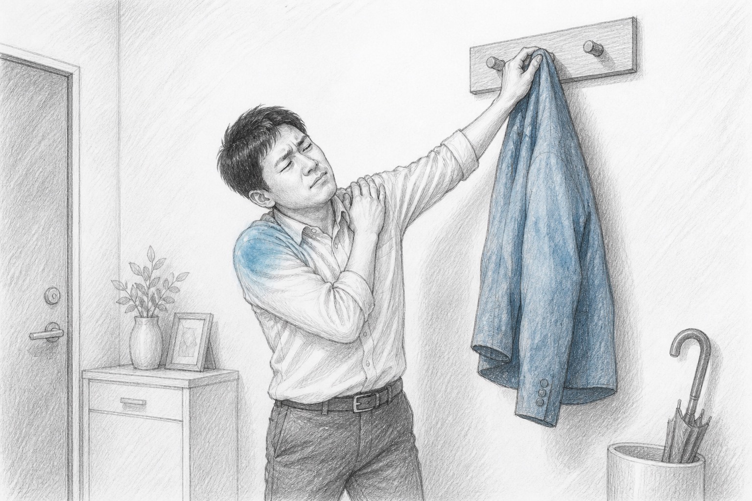 手繪插畫:上班族抬手掛外套時肩膀卡住抬不上去,五十肩抬手困難