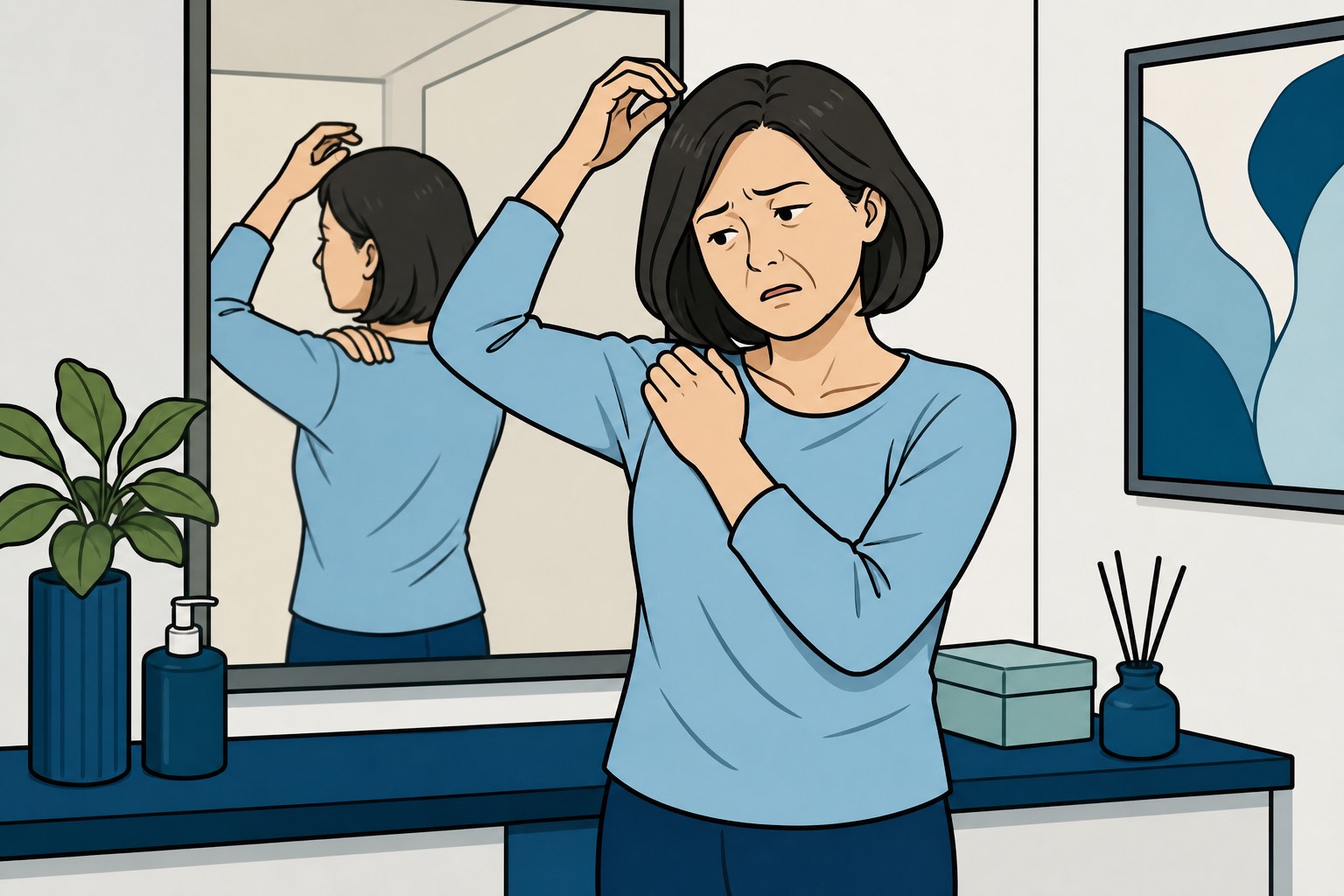 手繪插畫:中年女性梳頭時因旋轉肌袖疼痛停在半空,一手扶著肩膀