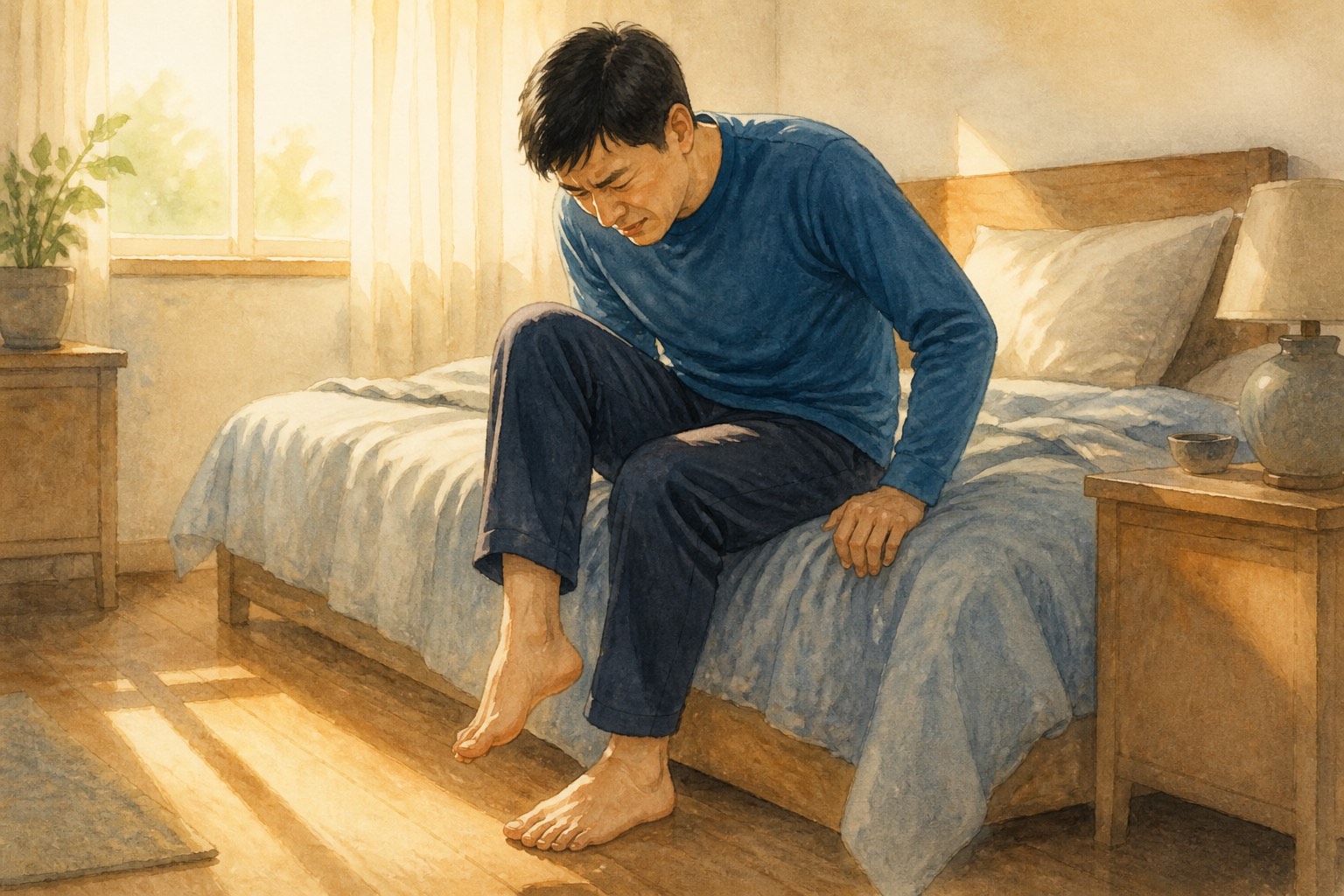 水彩插畫:清晨下床第一步腳跟刺痛的瞬間