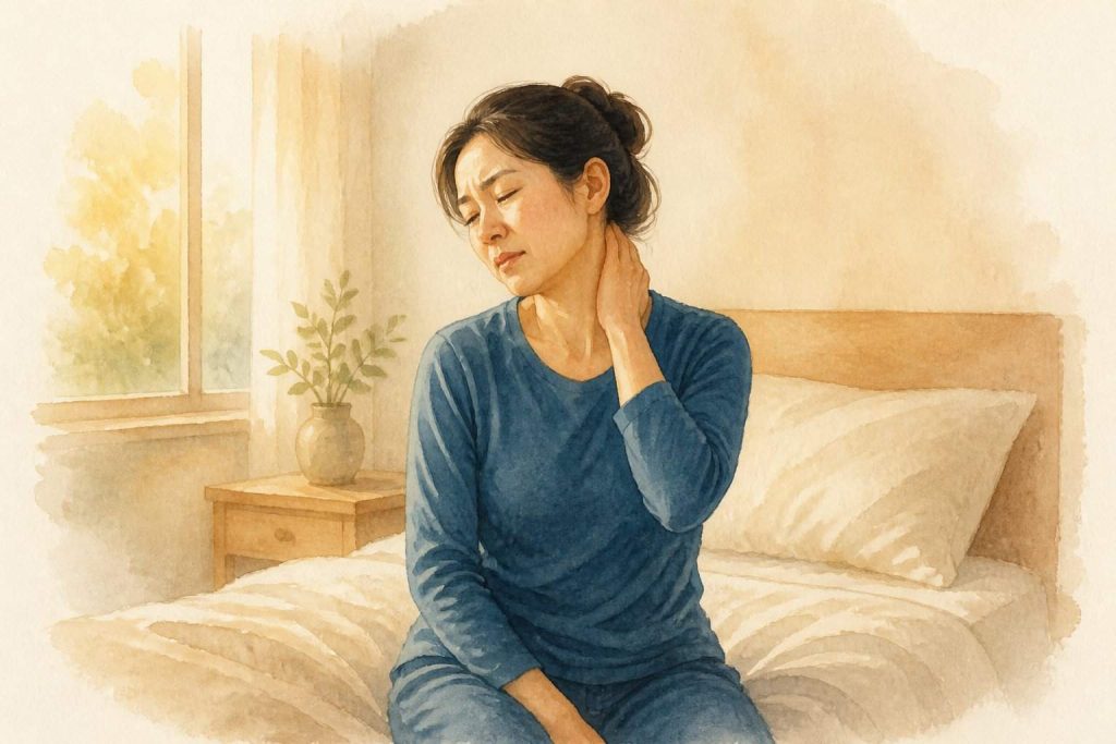 清晨起床時脖子僵硬、扶著頸部的水彩插畫