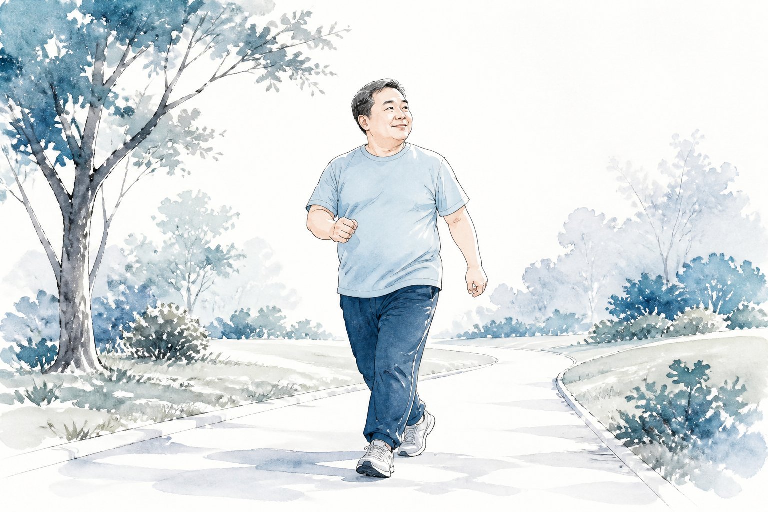中年人在公園輕快健走的墨線淡彩插畫