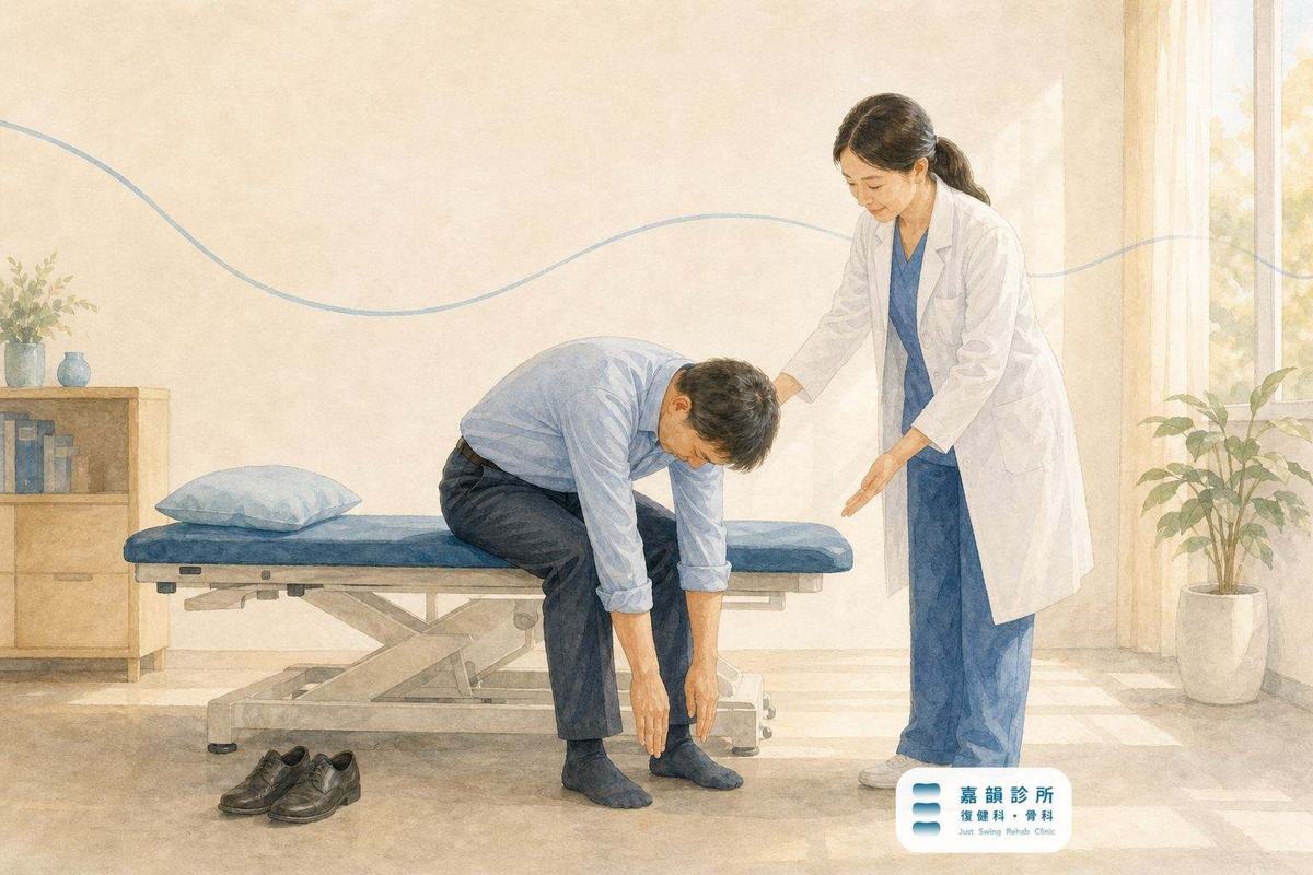 腰痛案例分享:醫師陪同進行腰部前彎評估的水彩插畫
