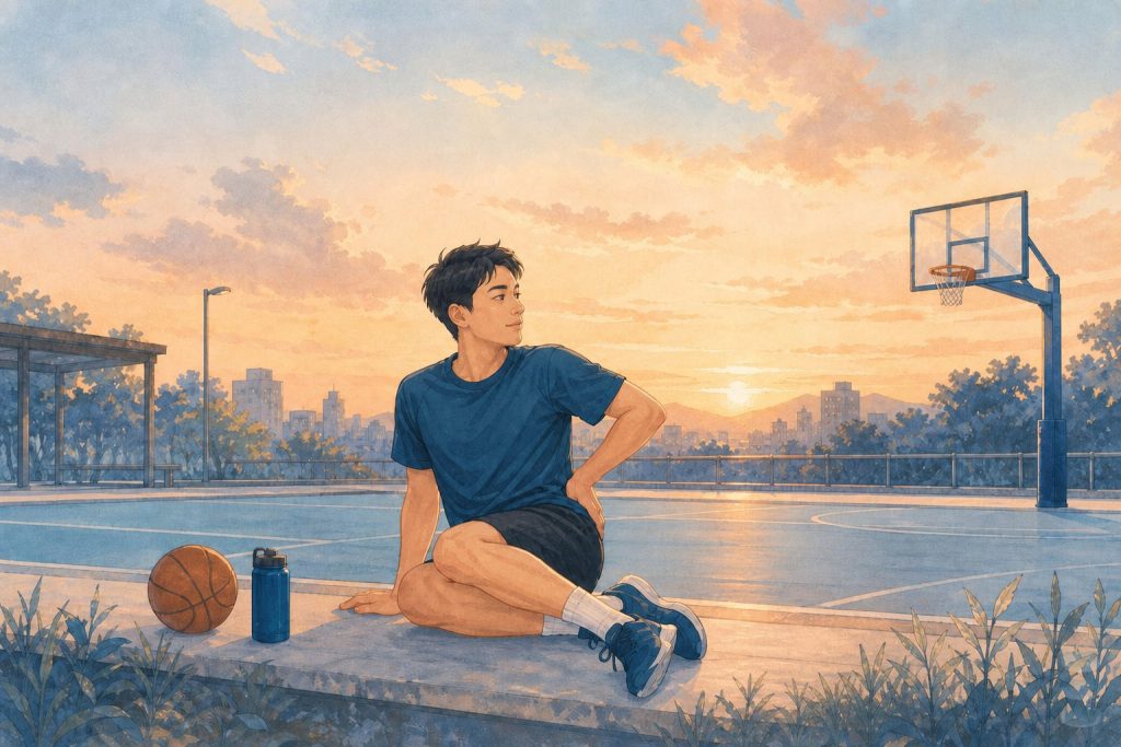 手繪插畫：25 歲年輕男性在黃昏籃球場邊伸展臀部側面，旁有籃球與水壺，呈現坐骨神經痛的自我照護（含嘉韻診所品牌標章）