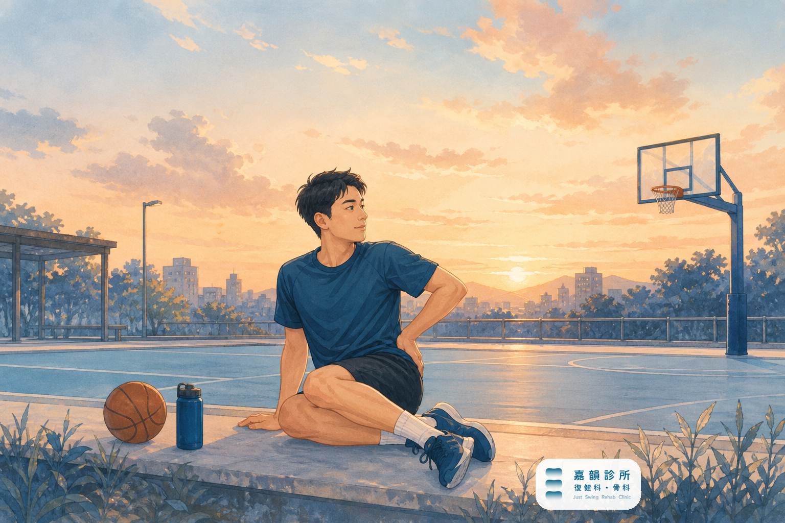 手繪插畫:25 歲年輕男性在黃昏籃球場邊伸展臀部側面,旁有籃球與水壺,呈現坐骨神經痛的自我照護(含嘉韻診所品牌標章)
