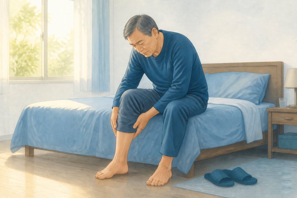 手繪插畫：清晨臥室裡，年長父親坐在床緣低頭查看剛踩地的腳，足底筋膜炎晨間第一步疼痛的情境（含嘉韻診所品牌標章）