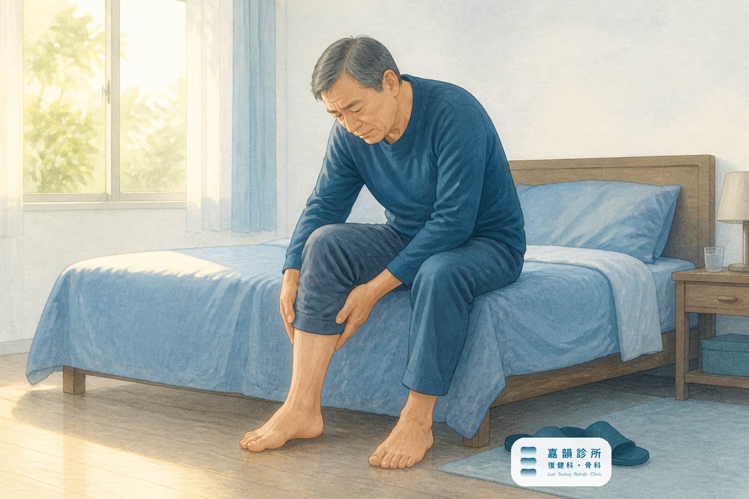 手繪插畫:清晨臥室裡,年長父親坐在床緣低頭查看剛踩地的腳,足底筋膜炎晨間第一步疼痛的情境(含嘉韻診所品牌標章)