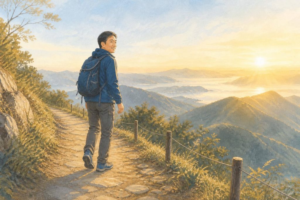 手繪插畫：中年男性在清晨金色山徑上健行回望山谷，象徵膝蓋疼痛以 PRP 治療後重返山路（含嘉韻診所品牌標章）