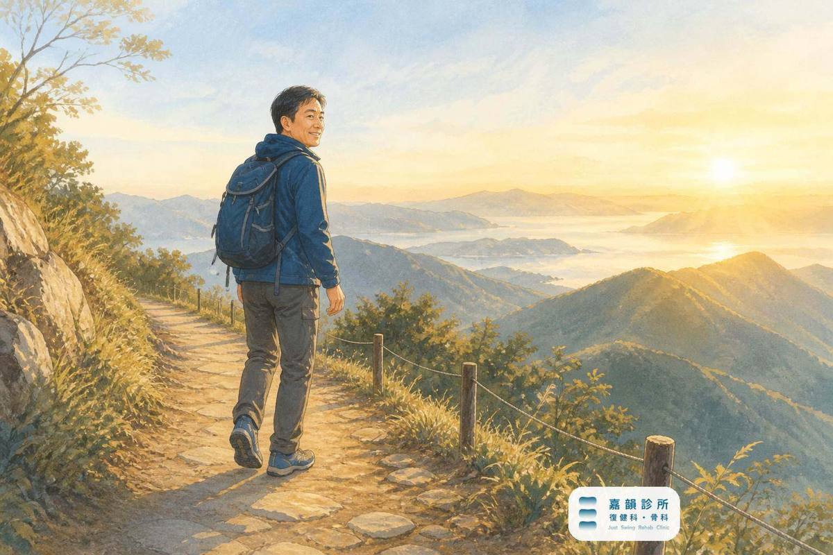 手繪插畫:中年男性在清晨金色山徑上健行回望山谷,象徵膝蓋疼痛以 PRP 治療後重返山路(含嘉韻診所品牌標章)