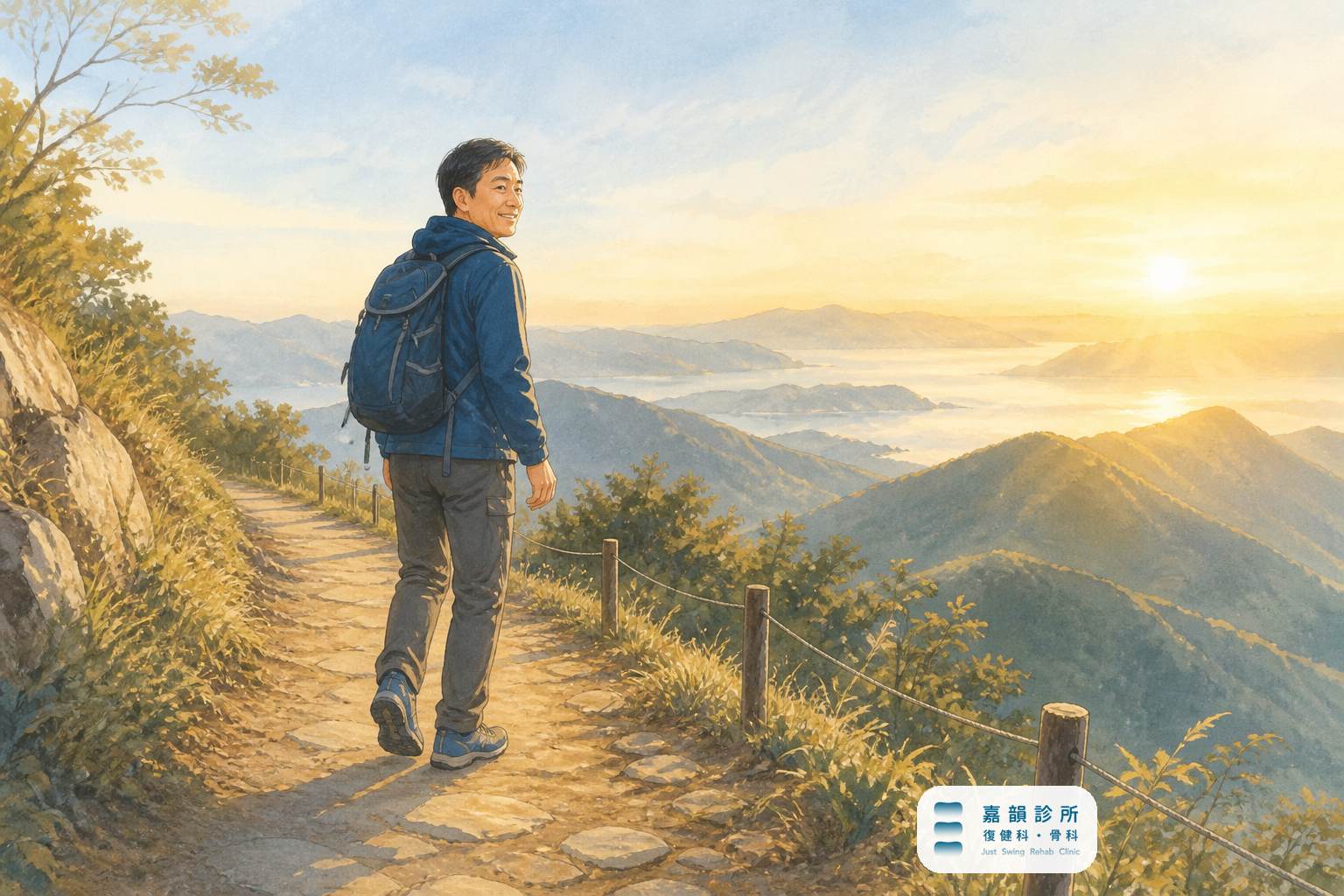 手繪插畫:中年男性在清晨金色山徑上健行回望山谷,象徵膝蓋疼痛以 PRP 治療後重返山路(含嘉韻診所品牌標章)