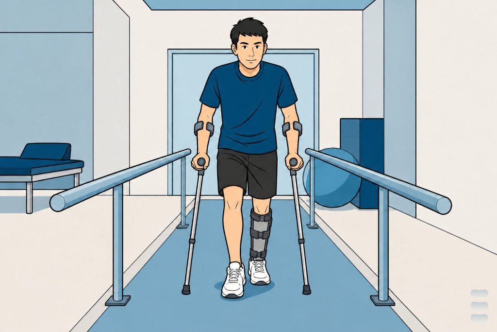 手繪線描插畫：年輕男性拄前臂拐、小腿護具，在復健走廊平行扶手間穩步向前（含嘉韻品牌標章）