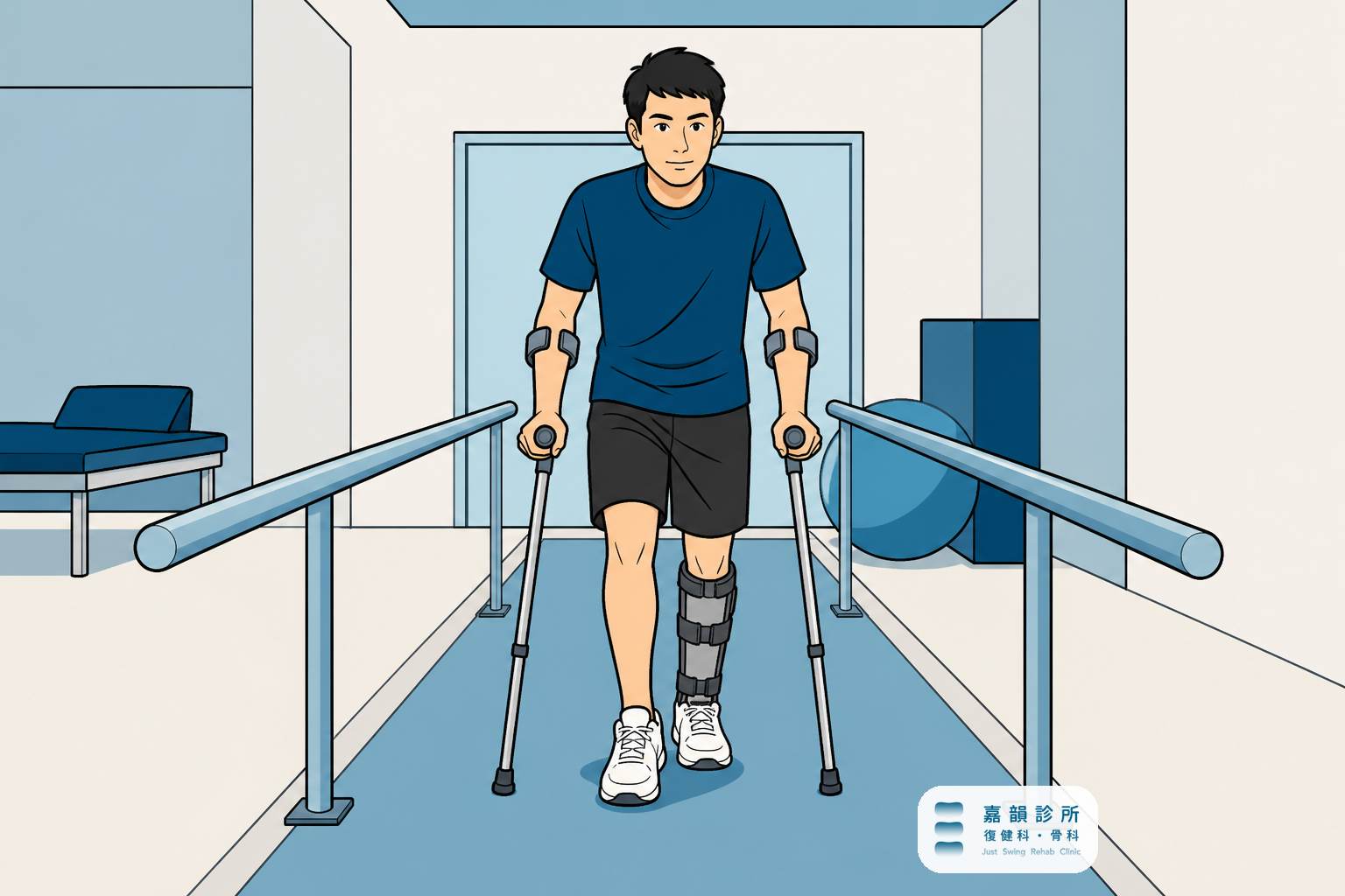 手繪線描插畫:年輕男性拄前臂拐、小腿護具,在復健走廊平行扶手間穩步向前(含嘉韻品牌標章)