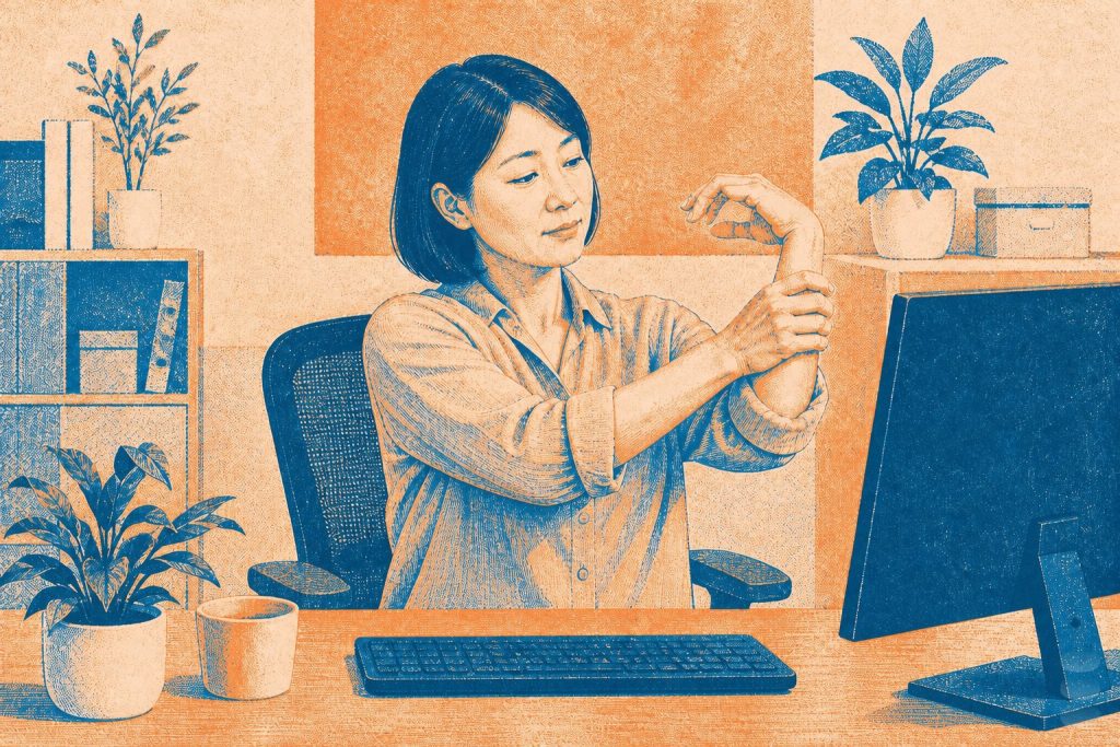 雙色版畫插畫：女性上班族甩著發麻的手腕查看，呈現腕隧道症候群（含嘉韻品牌標章）