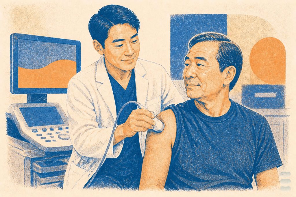 雙色版畫插畫：醫師持超音波探頭為患者檢查肩膀（含嘉韻品牌標章）