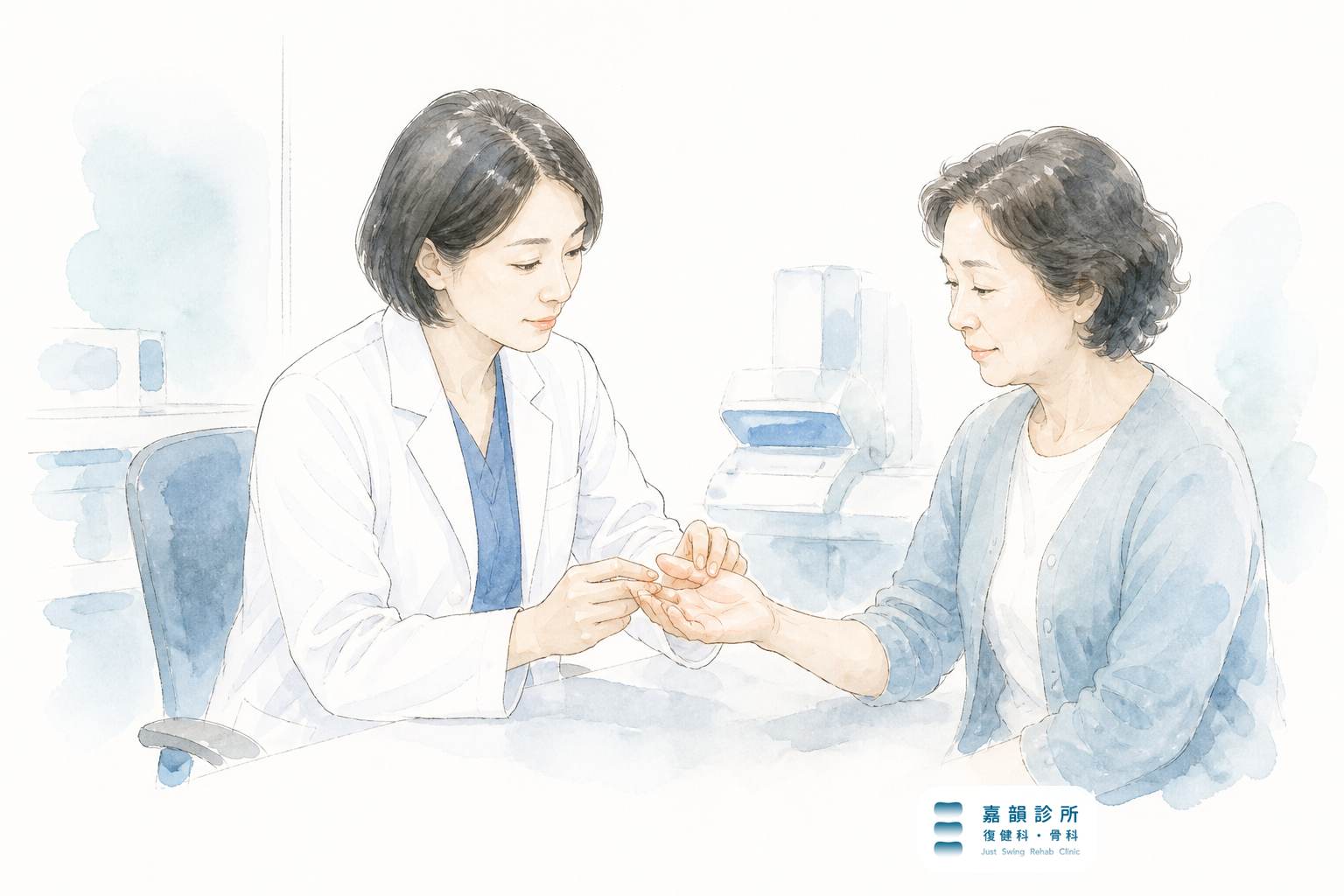 墨線淡彩插畫:醫師輕輕檢查年長女性的手指關節(含嘉韻品牌標章)