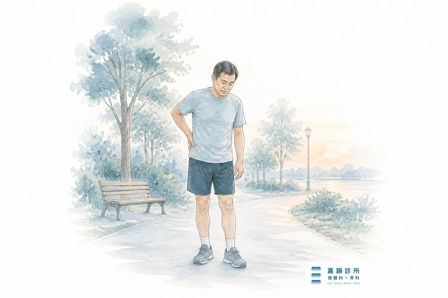 墨線淡彩插畫:中年男性在公園步道停下腳步扶著髖部(含嘉韻品牌標章)