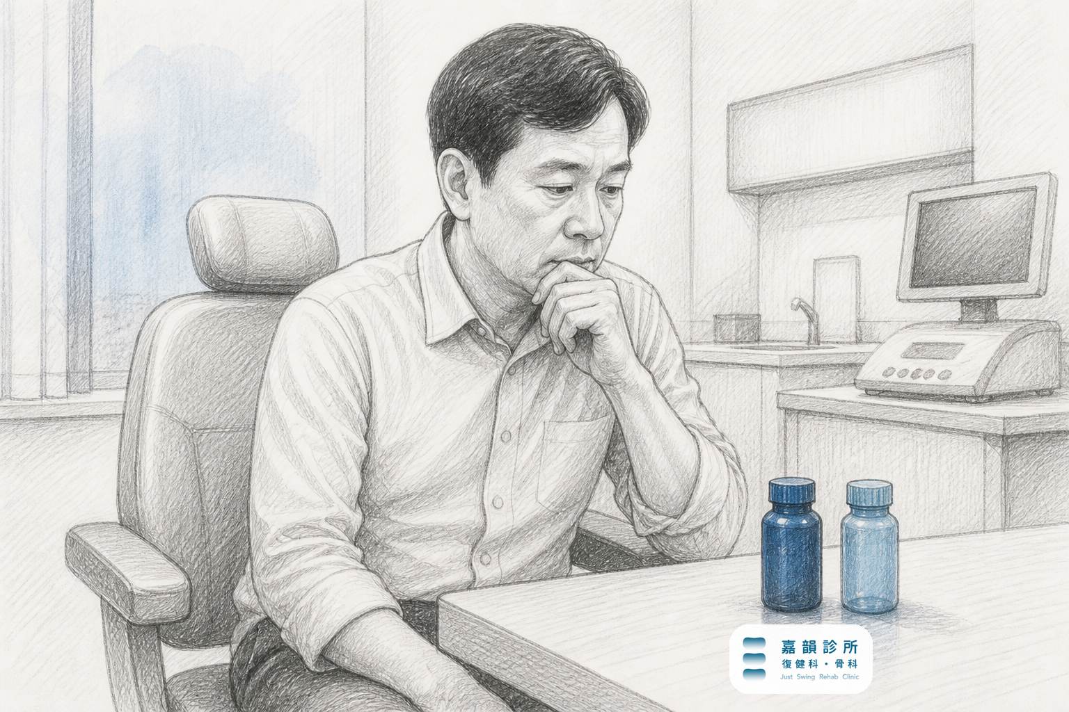 鉛筆素描插畫:患者在診間沉思,望著桌上兩支藥瓶,象徵五十肩注射選擇(含嘉韻品牌標章)