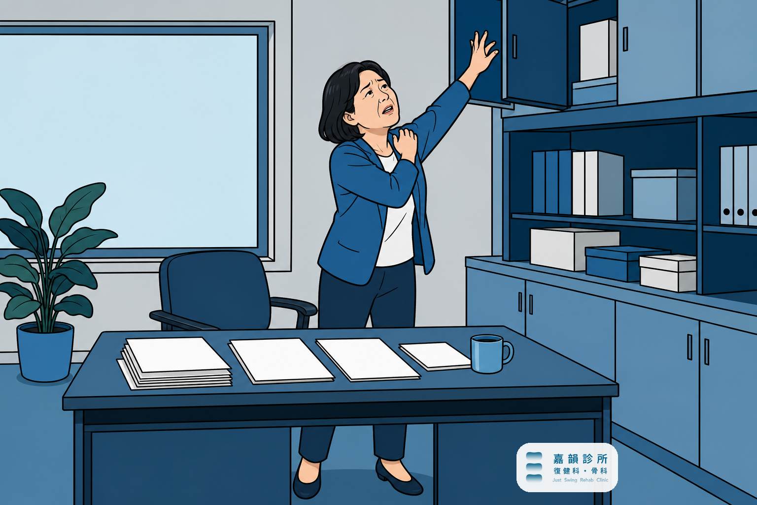 手繪線描插畫:女性主管伸手向高處櫃子因五十肩停在半空(含嘉韻品牌標章)