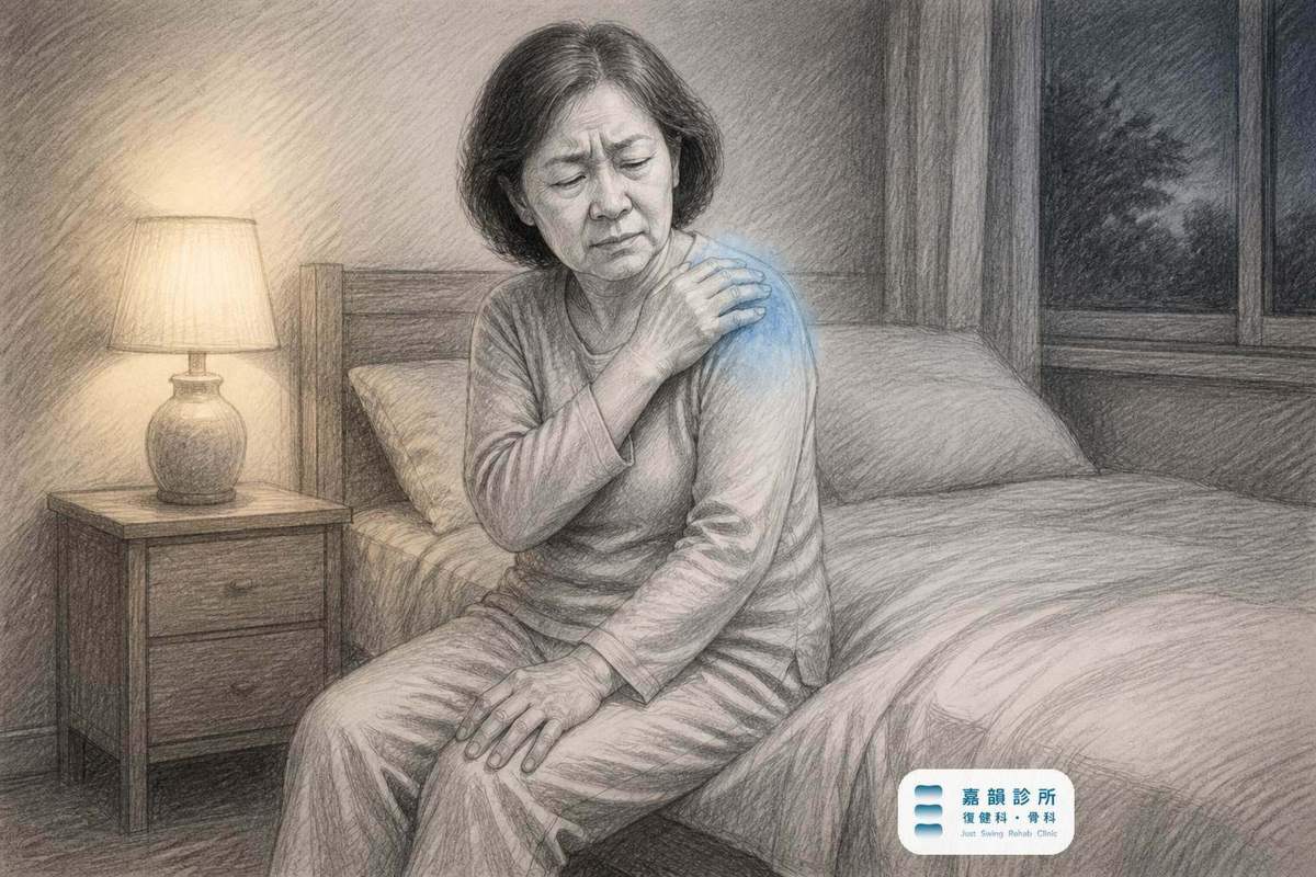 鉛筆素描插畫:女性夜裡坐床沿按著肩膀難眠,床頭燈暖光(含嘉韻品牌標章)