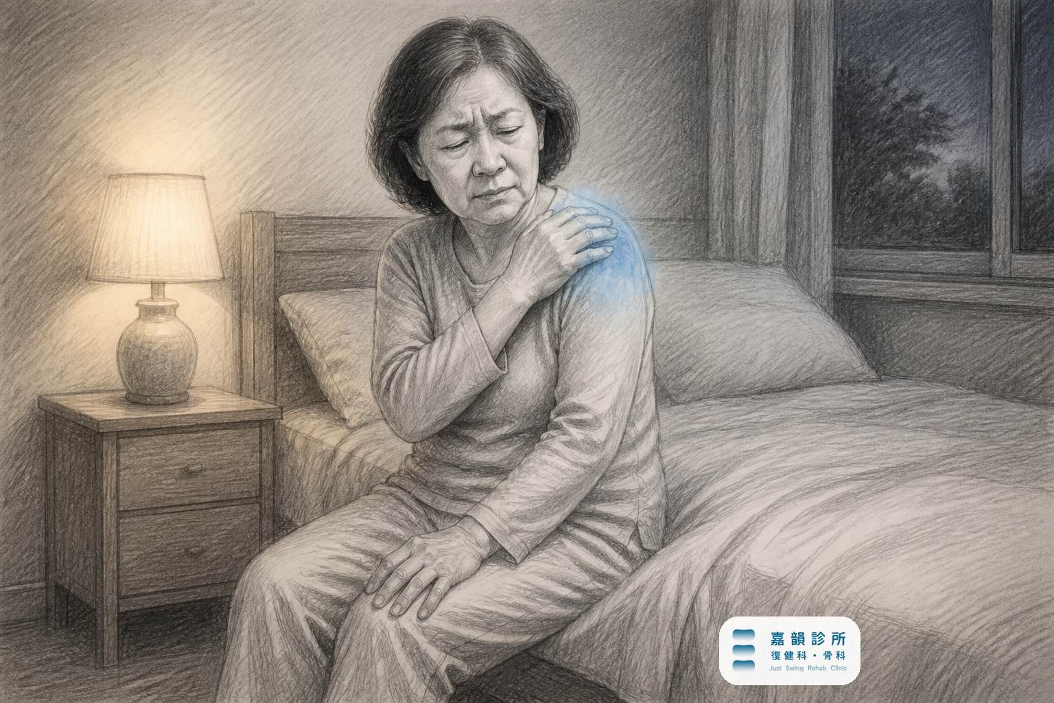 鉛筆素描插畫:女性夜裡坐床沿按著肩膀難眠,床頭燈暖光(含嘉韻品牌標章)