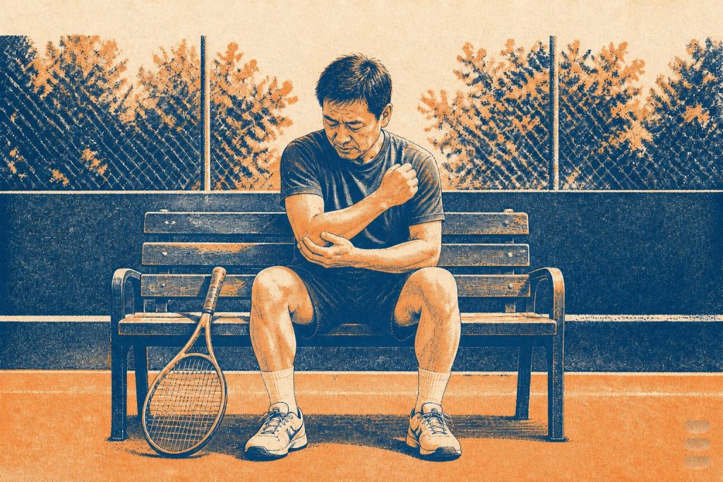 雙色版畫插畫：中年男性坐在網球場邊查看手肘外側，球拍靠在腿邊（含嘉韻品牌標章）