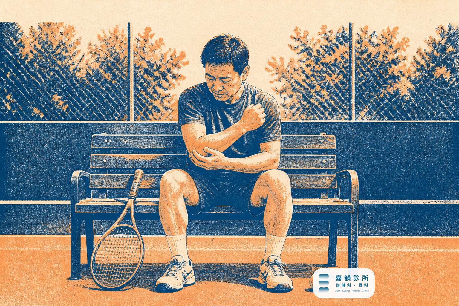 雙色版畫插畫:中年男性坐在網球場邊查看手肘外側,球拍靠在腿邊(含嘉韻品牌標章)