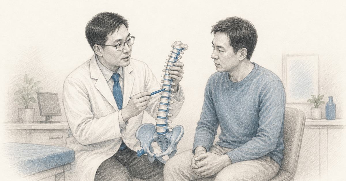 骨刺衛教示意圖:診間裡醫師拿著脊椎模型向病人比劃說明