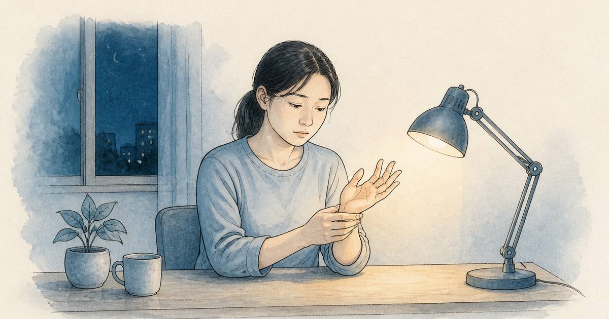 腕隧道症候群示意圖:夜裡在書桌前輕揉手腕與手掌
