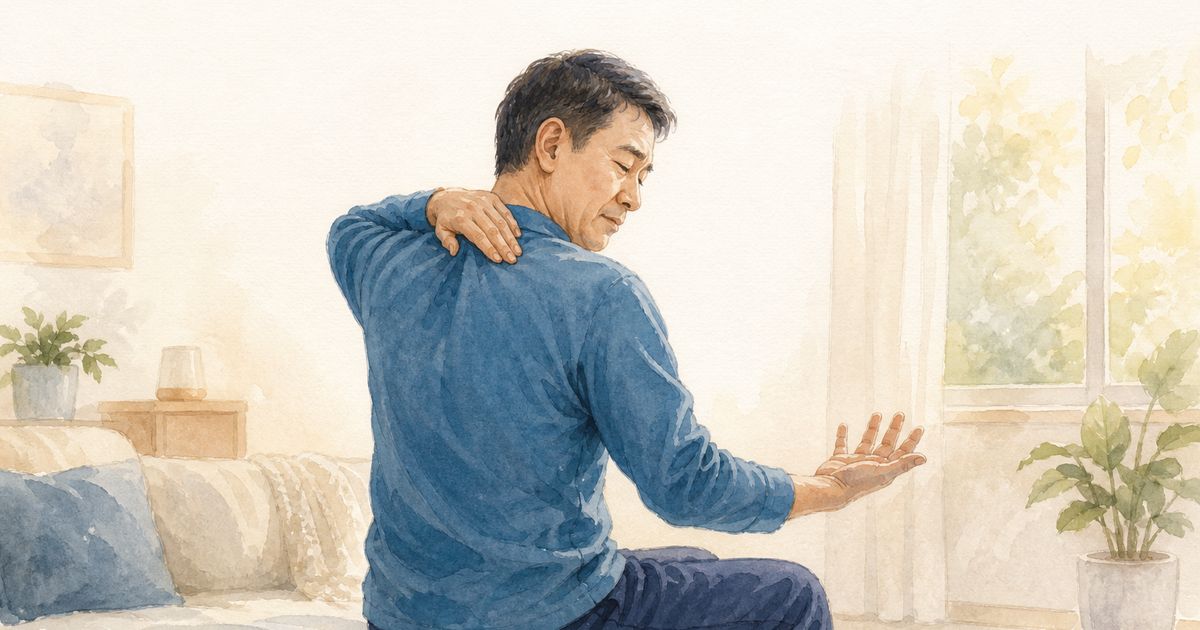 頸椎椎間盤突出示意圖:清晨坐在床沿,一手按著後頸與肩胛之間、另一手輕輕甩動發麻的手