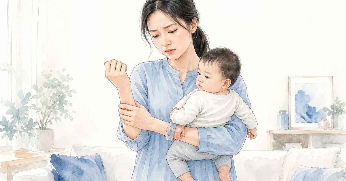 媽祖手示意圖:年輕媽媽單手抱著嬰兒、另一手扶著自己的手腕拇指側