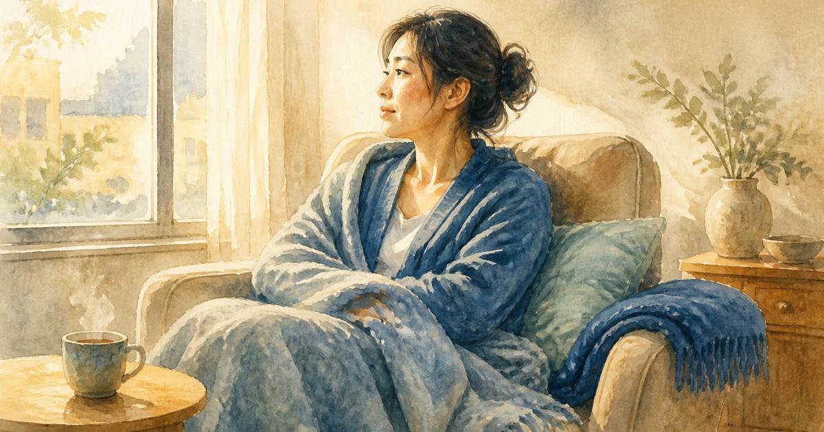 自律神經失調示意圖:清晨窗邊裹著薄毯坐在椅子上望向窗外,桌上一杯熱飲