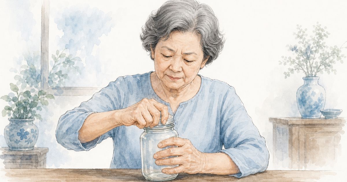 手指退化性關節炎示意圖:年長女性在餐桌前用雙手轉開玻璃罐蓋,手指關節明顯用力