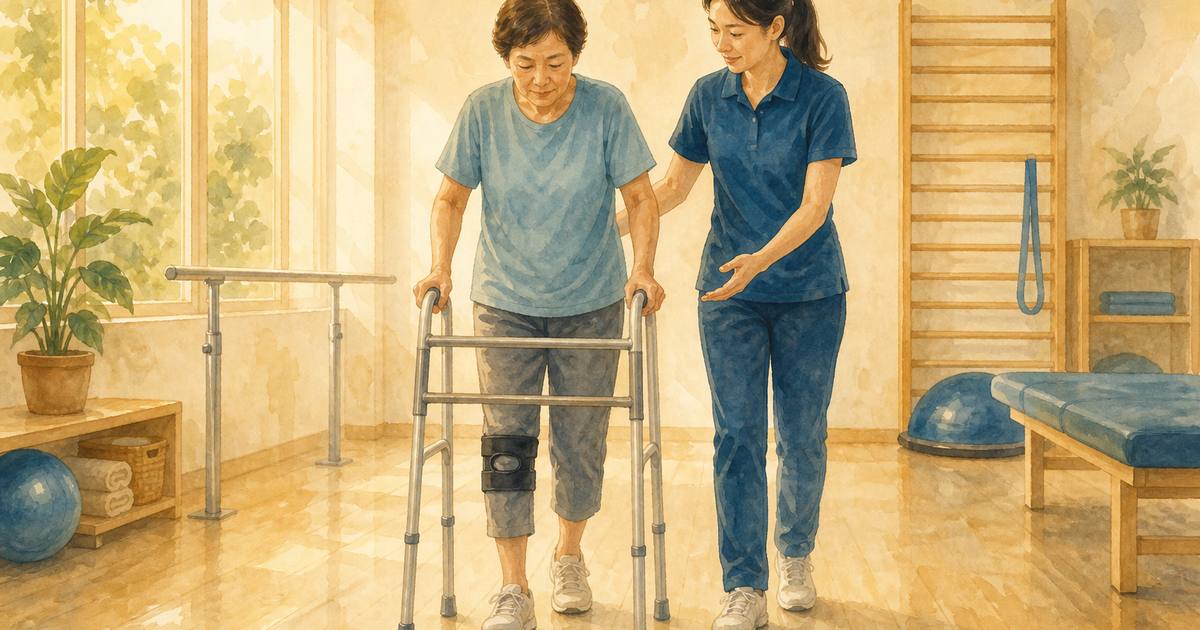 骨折復健示意圖:復健室裡患者使用助行器練習行走,治療師在旁伴行