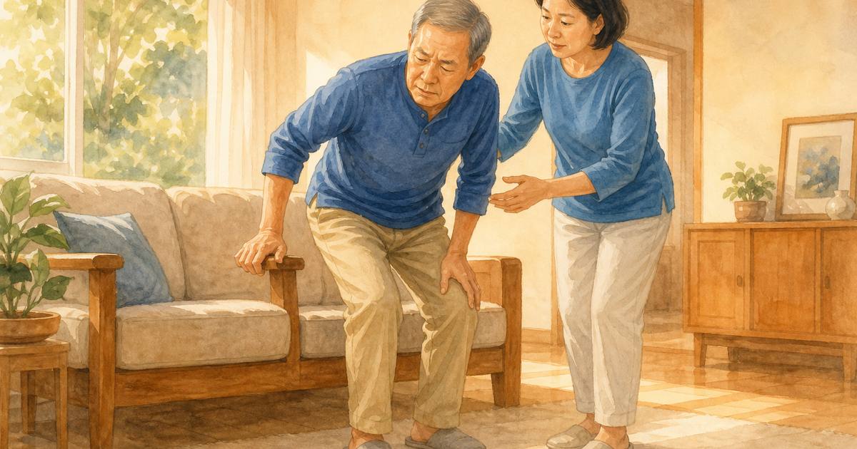 髖關節退化示意圖:年長者扶著扶手從沙發起身,家人在旁伸手要扶