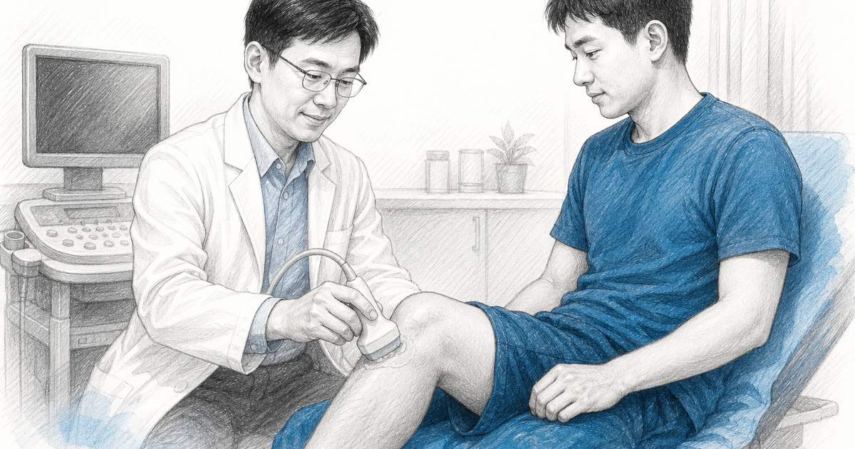 膝關節積水示意圖:診間裡醫師以超音波探頭檢查患者膝蓋