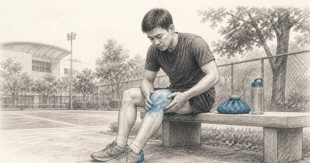 韌帶拉傷示意圖:球場邊坐在長椅上雙手扶著膝蓋內側,旁邊放著冰敷袋