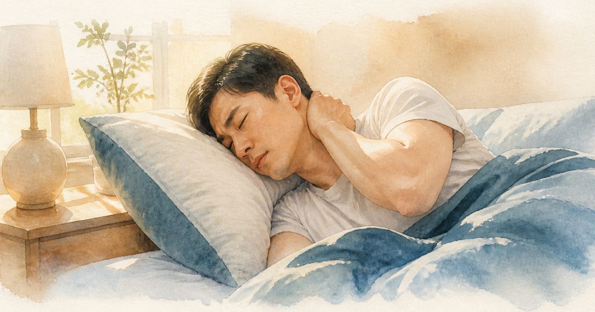 頸部保養示意圖:側睡在枕頭上的人清晨醒來一手按著後頸