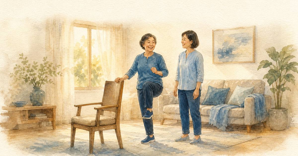 骨質疏鬆示意圖:年長女性在明亮客廳裡扶著椅背做站姿訓練,家人在旁陪伴