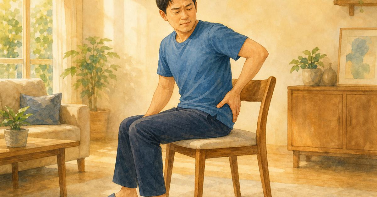 薦髂關節炎示意圖:人在椅子上換姿勢時一手撐著臀部後上方