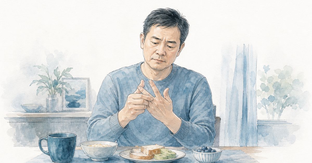 扳機指示意圖:中年人早晨在餐桌前用另一手把彎曲卡住的手指慢慢扳直