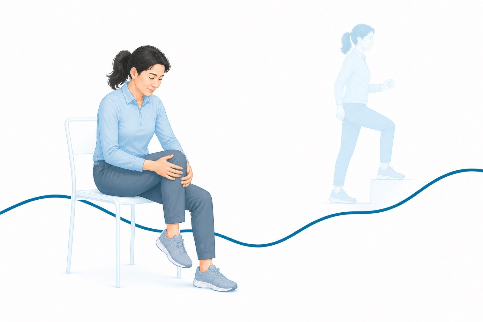 插畫:一位中年女性坐在椅緣、雙手輕輕環扶著單側膝蓋低頭關切,右後方有一個非常淡的同一人正輕鬆邁步上樓梯的身影,一條深藍色的節奏線在膝蓋高度下沉一個圓潤低谷後往右抬升離開畫面。
