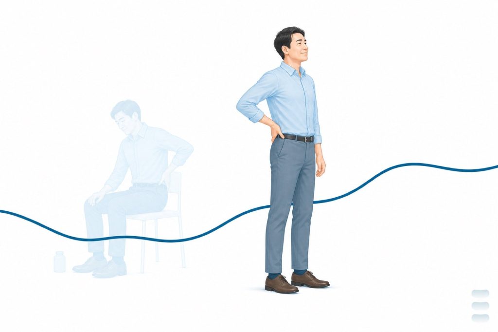 插畫：一位中年男性放鬆站立、一手輕扶腰側、平靜望向前方，左後方有一個非常淡的同一人坐著撐腰的身影與極簡的藥罐輪廓，一條深藍色的節奏線從左側低處通過淡身影後平順抬升、平穩離開畫面。