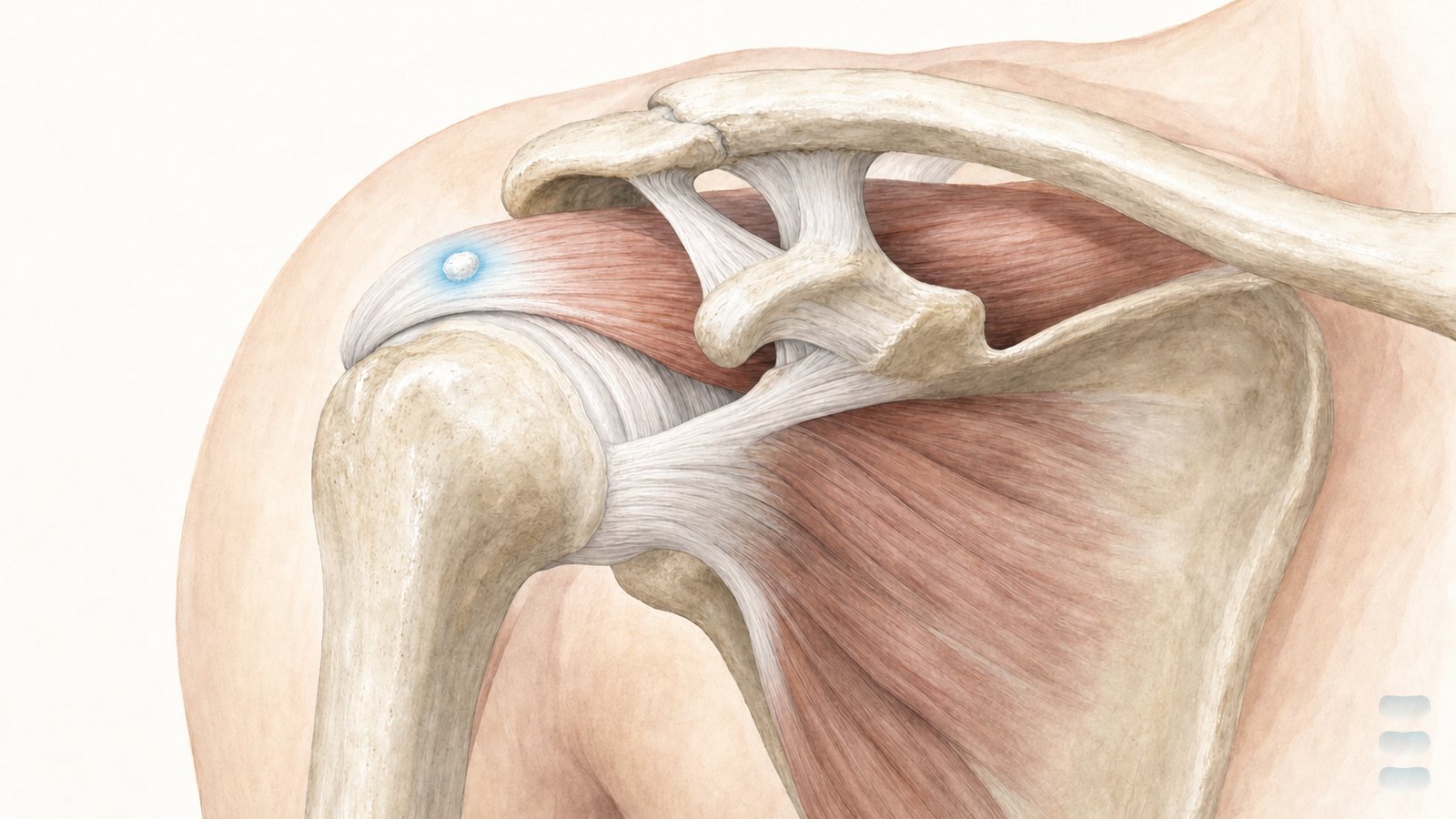 肩關節擬真插畫:棘上肌腱內乳白色鈣化沉積以品牌藍暈光標示